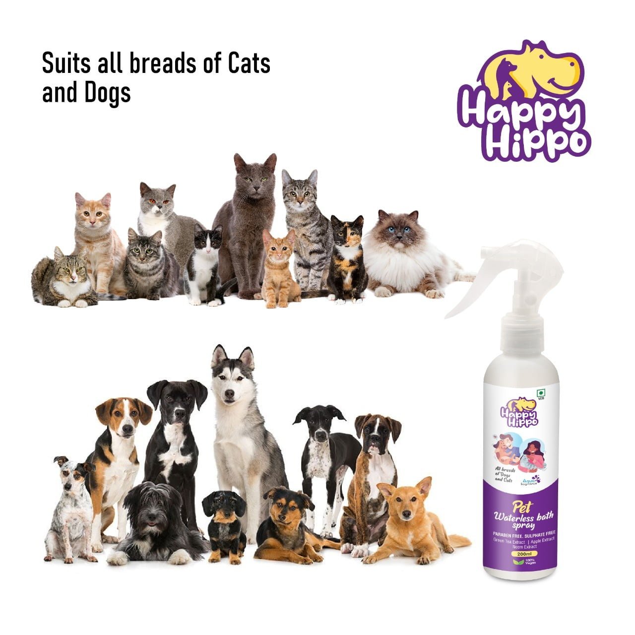 Happy Hippo Combo Pack - Pet Shampoo, Anti tick Shampoo, Dry Shampoo and Conditioner (one each)