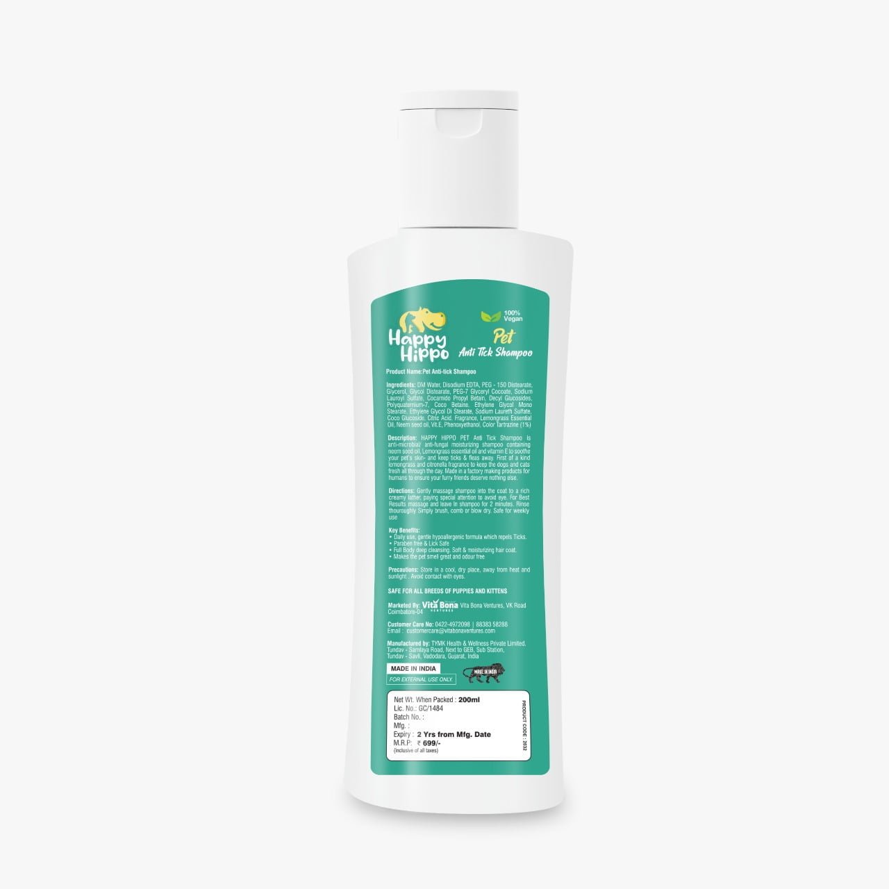 Happy Hippo Anti Tick Pet Shampoo & Conditioner Neem and Citronella - 200ml